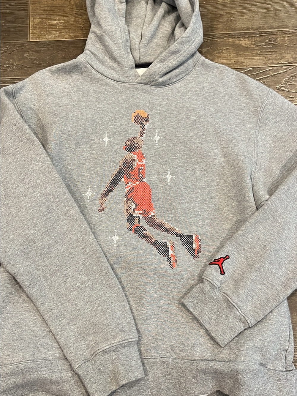 Jordan Gray Hoodie with Red Pixel Jumpman Graphic